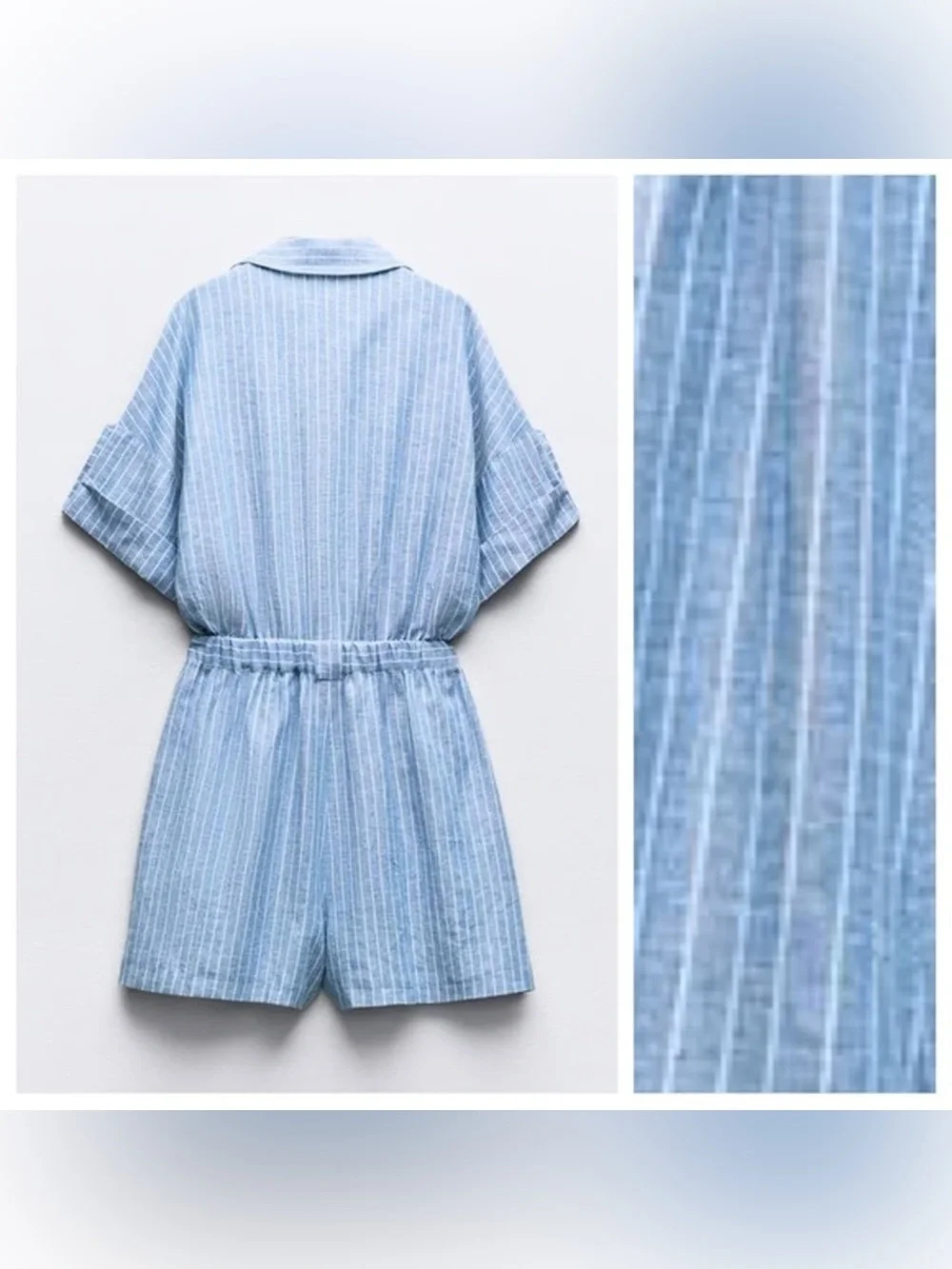Zara Striped Linen Blend Short Romper Blue White Roll Tab Size Medium